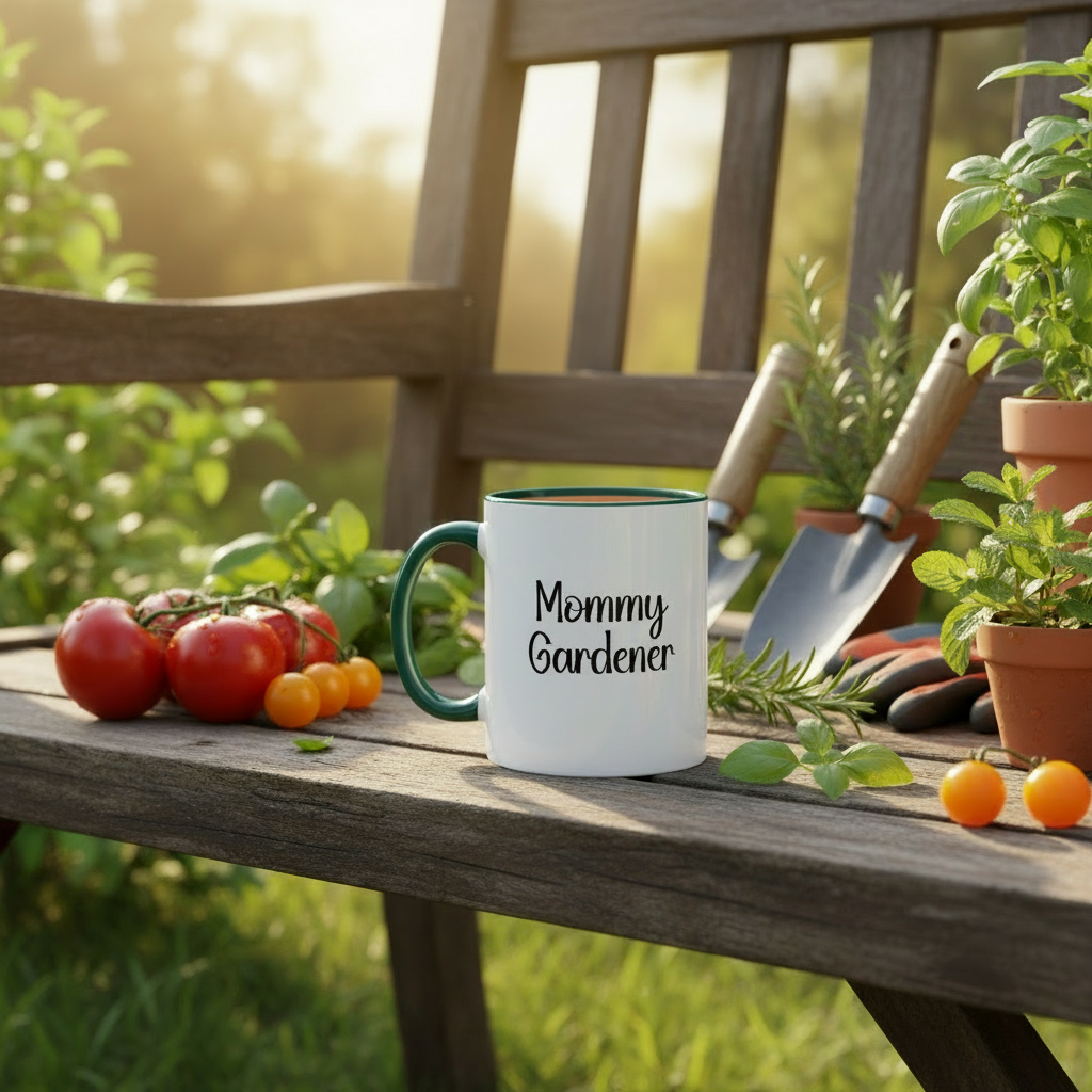Mug labeled 'Mommy Gardener' on a garden bench with tomatoes and gardening tools.