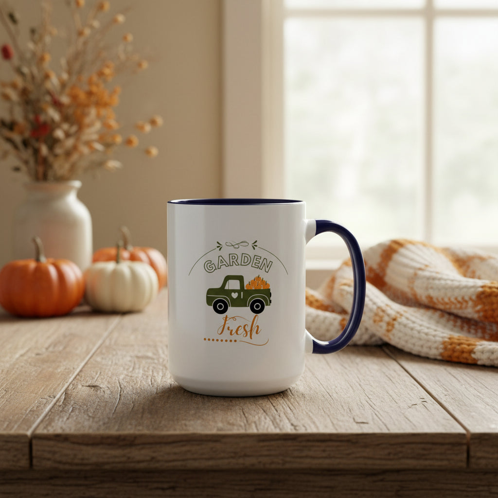 Mug with 'Garden Fresh' design featuring a truck and pumpkins on a beige background
