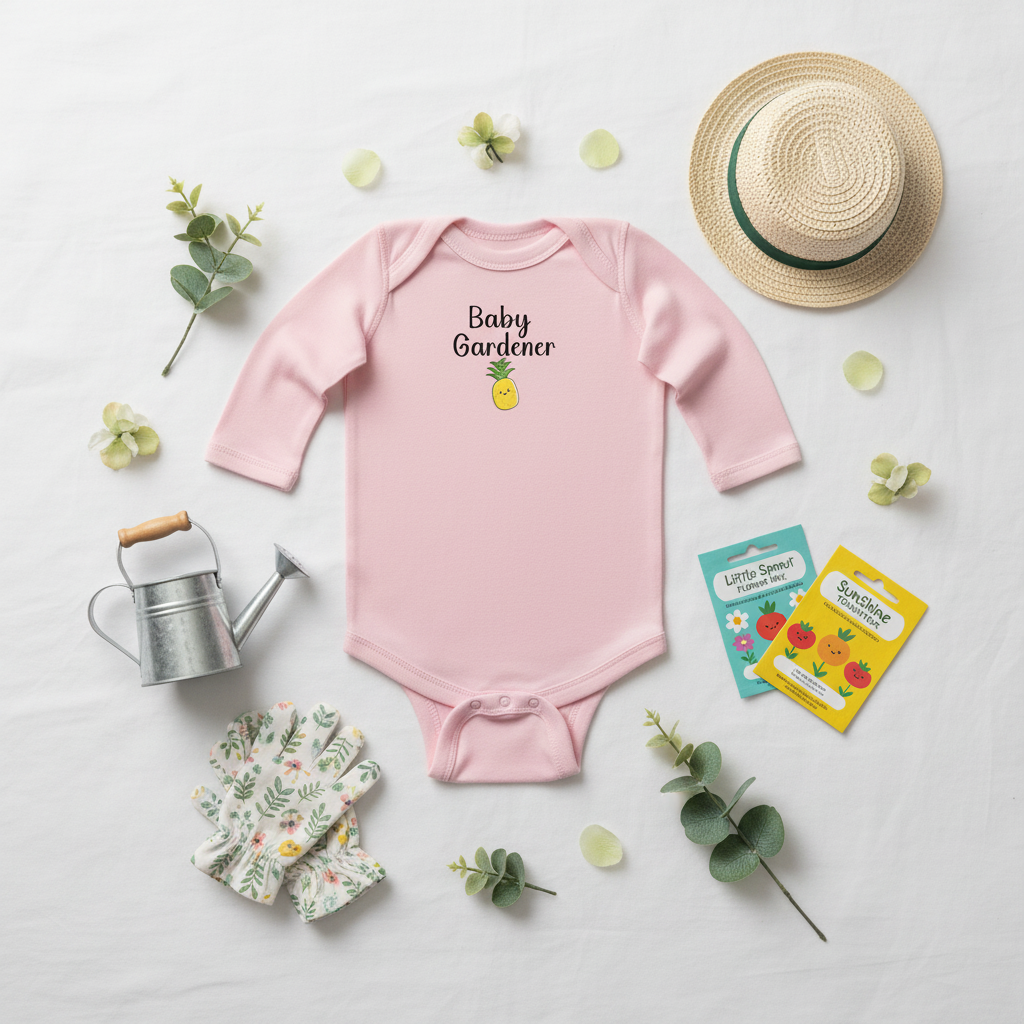 Baby gardener long-sleeve onesie, pink, “Baby Gardener” pineapple graphic