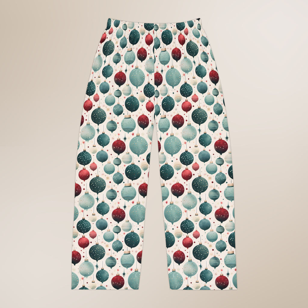 Pajama pants with a pattern of colorful baubles on a beige background
