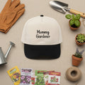 Beige and black cap with 'Mommy Gardener' text on a white background