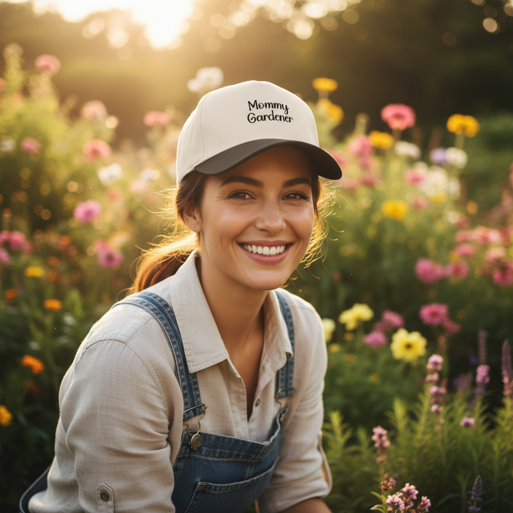 Woman wearing a 'Mommy Gardener' cap in a garden with flowers