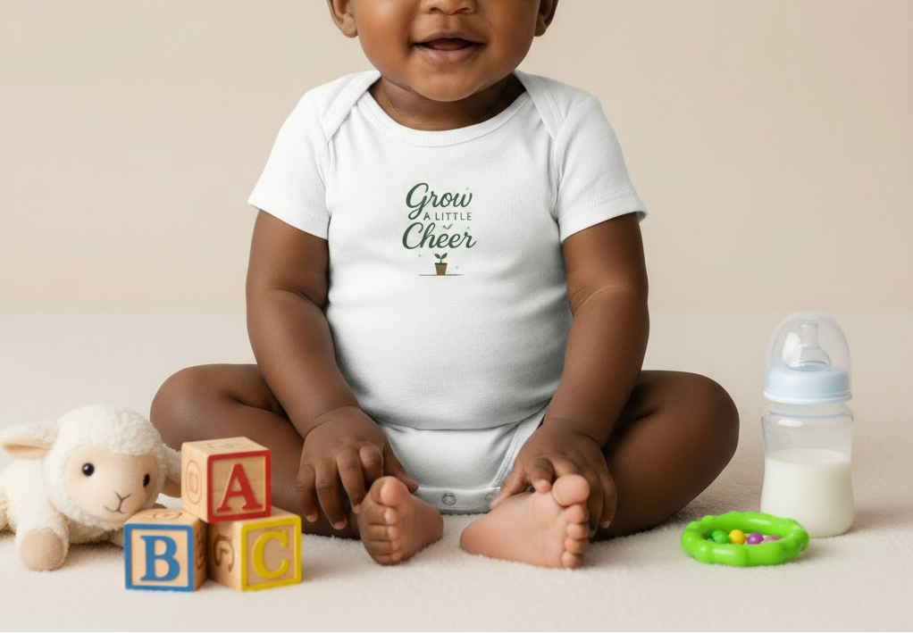 Baby wearing a white onesie with text, sitting on a beige surface with toys around.