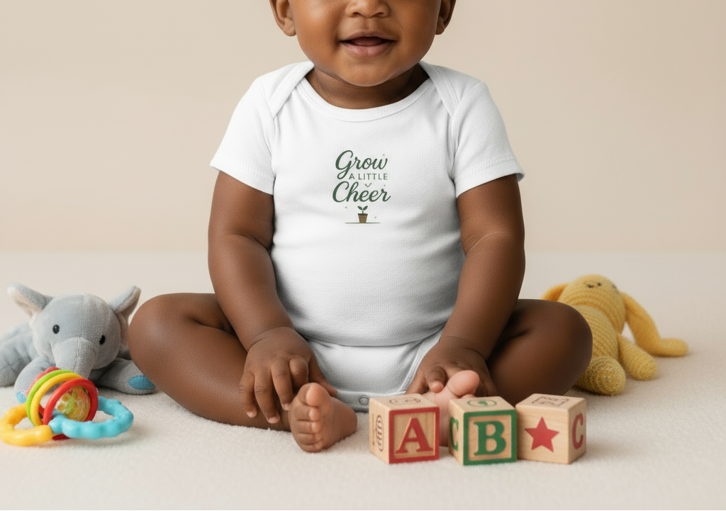 Baby wearing a white onesie with text, sitting on a beige surface with toys around.