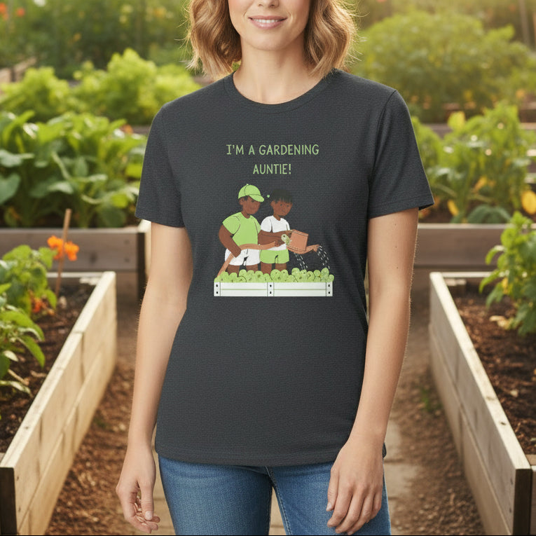 Black t-shirt with graphic of two children gardening and text 'I'm a gardening auntie!' on a beige background