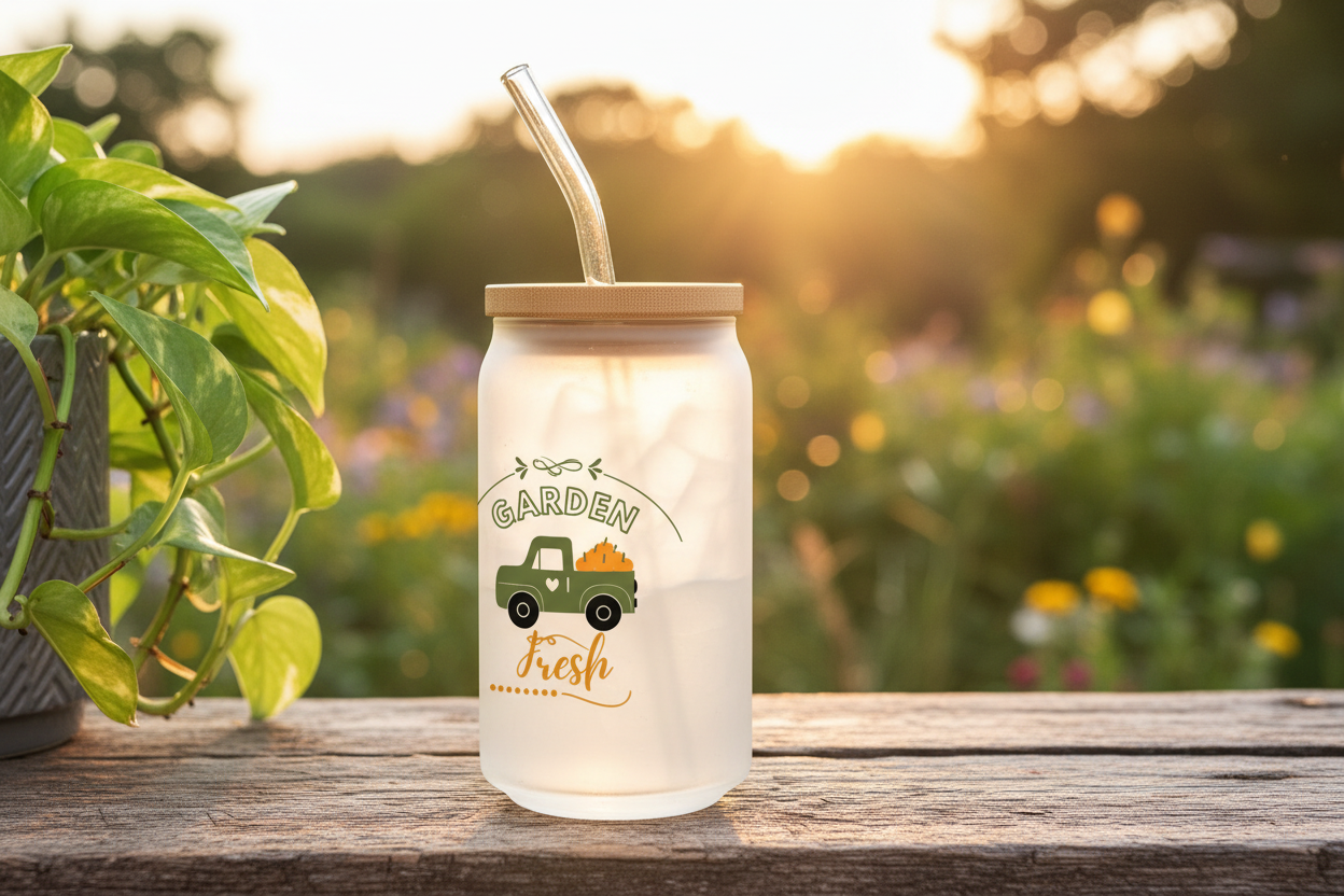 Clear glass tumbler with a straw lid on a wooden surface outdoors.
