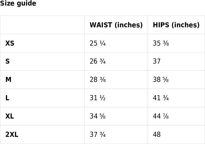 Size guide chart for waist and hips measurements in inches