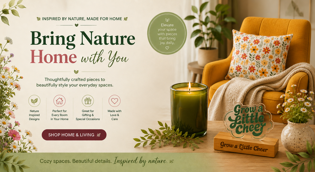 Home decor with a candle, plants, and a cozy chair, featuring text about bringing nature home.