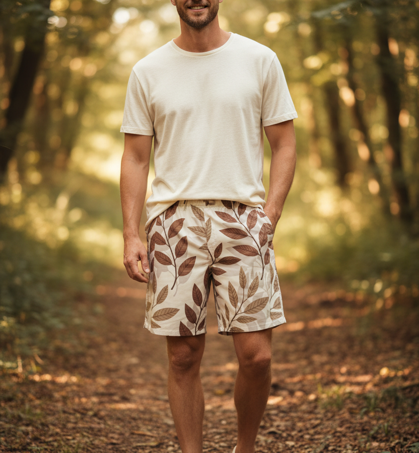Off-white leaf print shorts with elastic waistband, relaxed above-knee fit