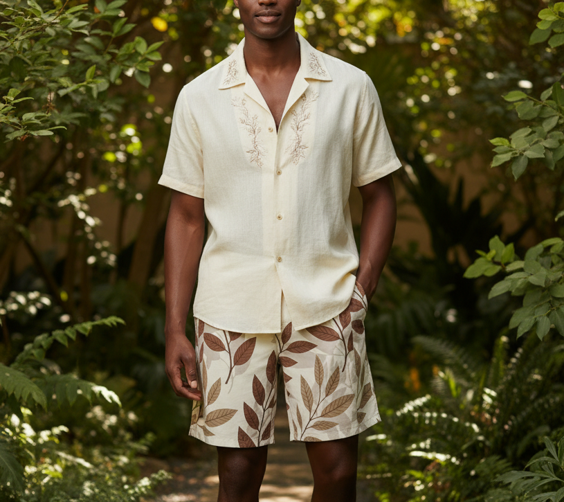 Off-white shorts with brown leaf print, elastic waistband, above-knee length