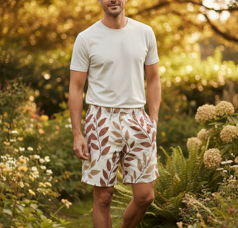 Off-white leaf print shorts with elastic waistband, above-knee length