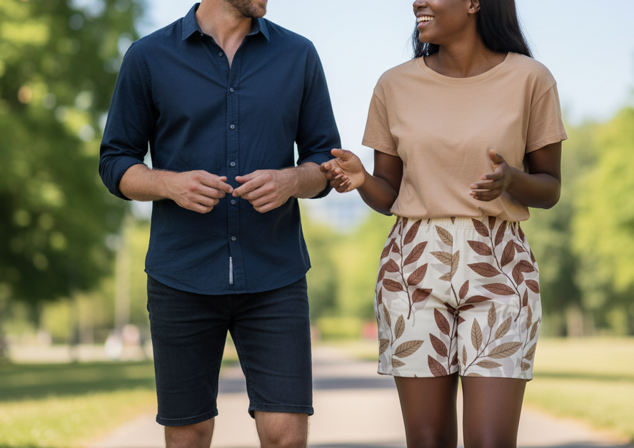 Man and woman standing outdoors in a park-like setting
