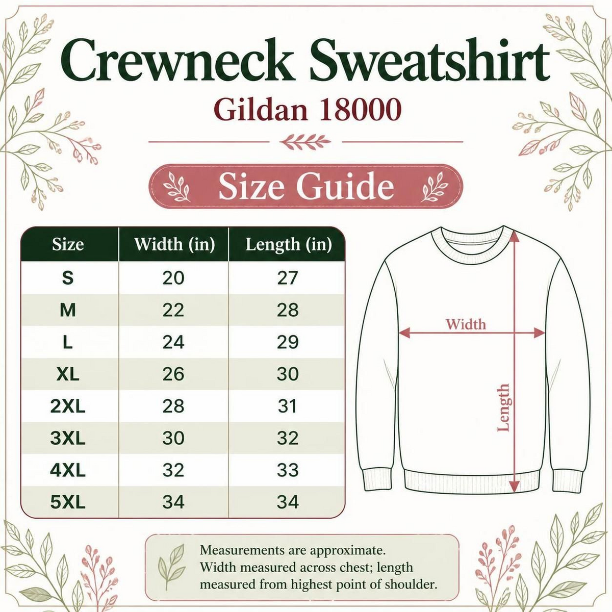 Size guide infographic for a crewneck sweatshirt in Gildan 18000, showing a size table from S to 5XL with width and length measurements in inches, alongside a simple line drawing of a sweatshirt with arrows indicating width and length.