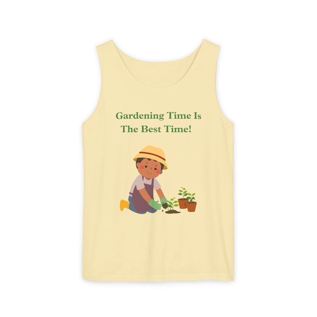 A pale yellow sleeveless tank top with a graphic on the front showing a cartoon child gardening and the text 'Gardening Time Is The Best Time!' in green, displayed on a plain white background.