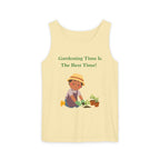 A pale yellow sleeveless tank top with a graphic on the front showing a cartoon child gardening and the text 'Gardening Time Is The Best Time!' in green, displayed on a plain white background.