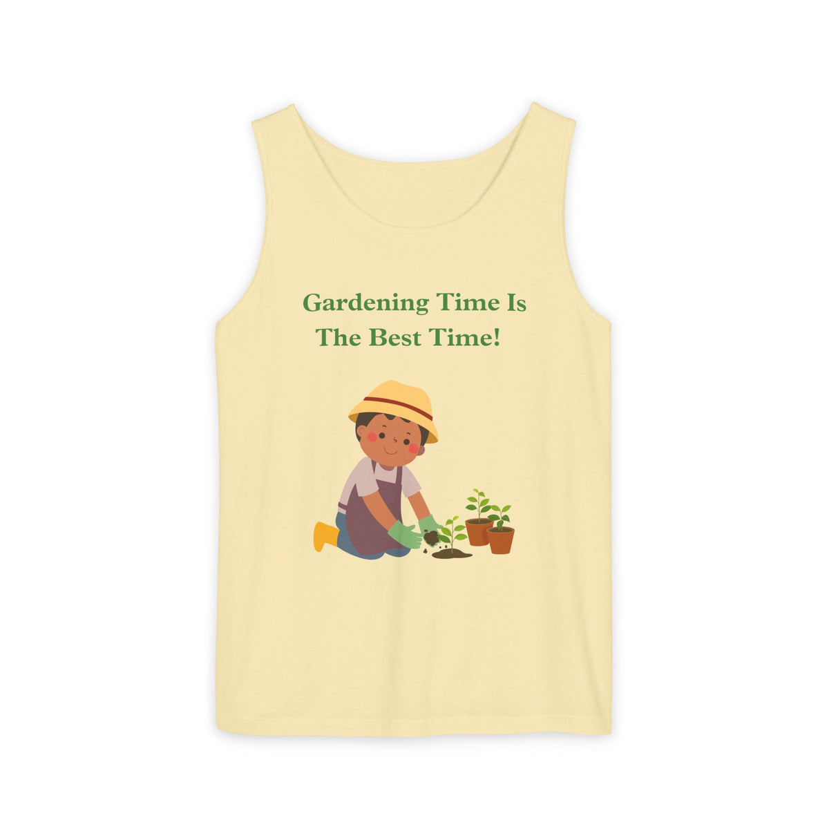 A pale yellow sleeveless tank top with a graphic on the front showing a cartoon child gardening and the text 'Gardening Time Is The Best Time!' in green, displayed on a plain white background.