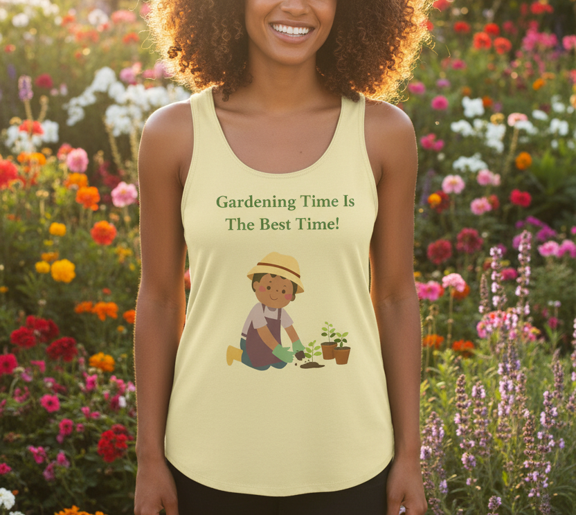 Butter yellow sleeveless tank top with scoop neck and gardening illustration