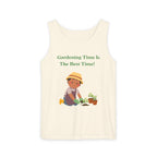 An off-white sleeveless tank top featuring a green text graphic that reads 'Gardening Time Is The Best Time!' above a cartoon illustration of a child gardening with small potted plants.