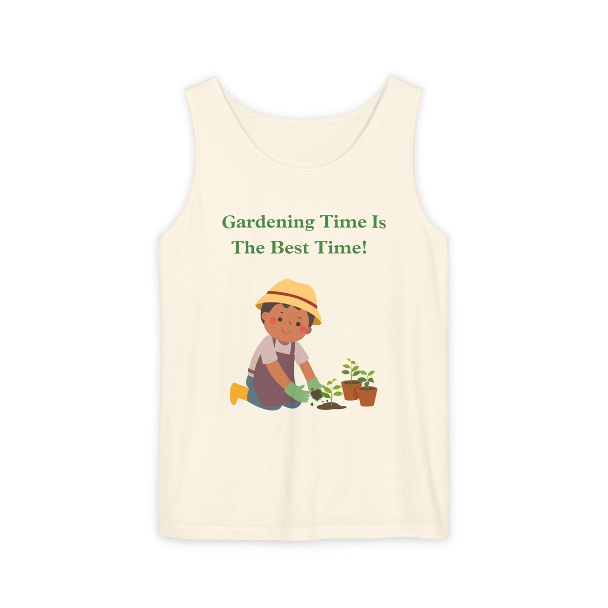 An off-white sleeveless tank top featuring a green text graphic that reads 'Gardening Time Is The Best Time!' above a cartoon illustration of a child gardening with small potted plants.