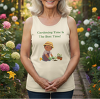 Ivory sleeveless tank top with scoop neck and gardening quote graphic
