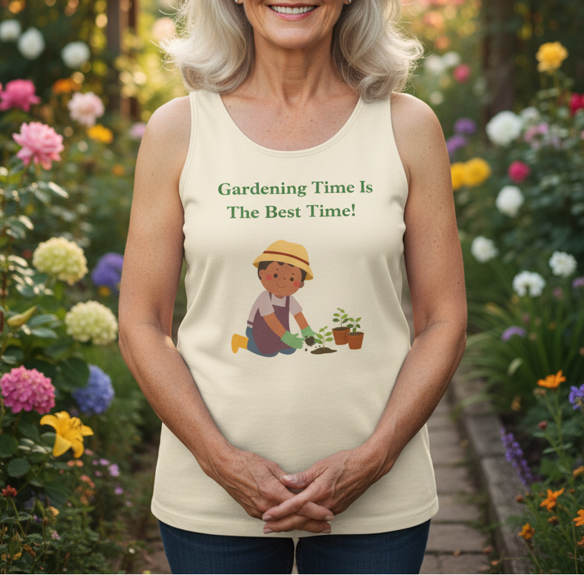 Ivory sleeveless tank top with scoop neck and gardening quote graphic