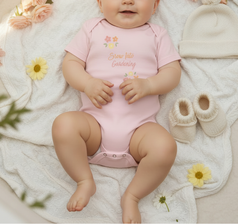 Baby in a pink onesie with floral designs on a soft surface with flowers and shoes.