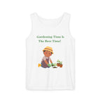 White sleeveless tank top with scoop neck and green gardening text graphic