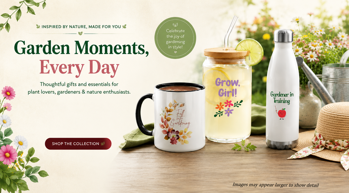 Promotional image of garden-themed products including a mug, jar, and water bottle on a wooden surface with garden elements.