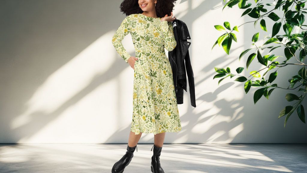 Woman in a floral dress standing in a bright room with a plant.