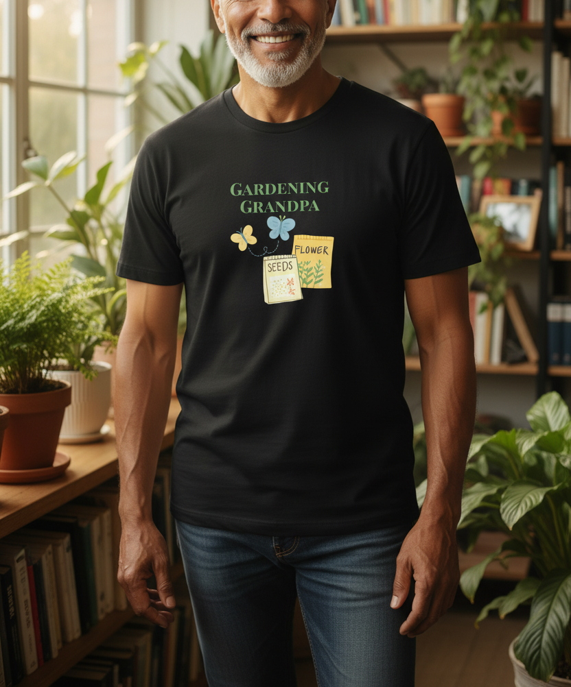 A smiling older man wearing a black graphic T-shirt with the words 'GARDENING GRANDPA' and small gardening illustrations, standing in a plant-filled indoor room.