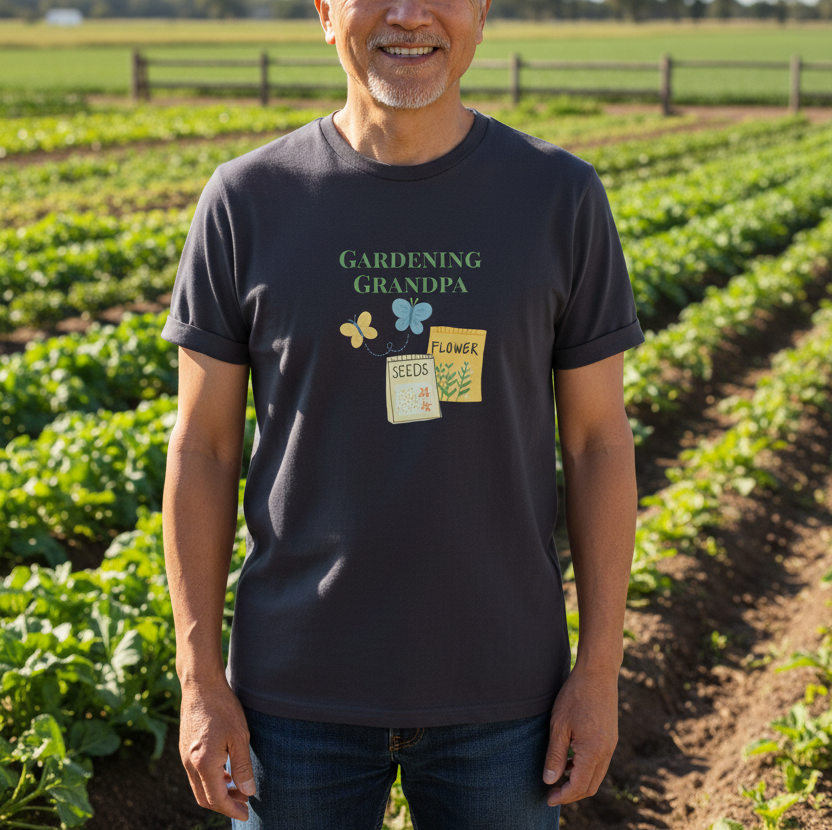 A smiling man wearing a dark charcoal gray graphic t-shirt stands in a sunny green farm field. The shirt features a graphic that reads 'GARDENING GRANDPA' with illustrations of a butterfly, seeds, and a flower pot.