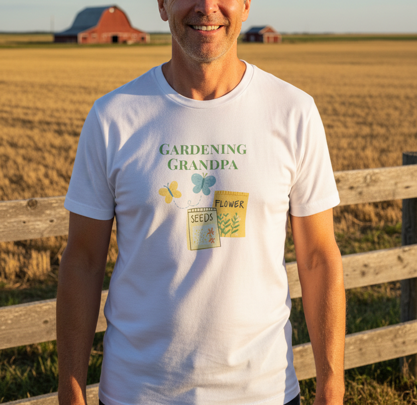 A man wearing a white graphic t-shirt that reads 'GARDENING GRANDPA' with a butterfly, seed packet, and flower design, standing in a sunny farm field with a wooden fence and barn in the background.