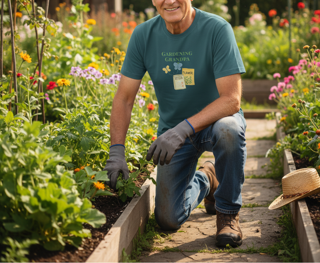 An older man kneeling in a sunny garden bed, wearing a teal graphic t-shirt that reads 'GARDENING GRANDPA', blue jeans, and gardening gloves. A straw hat rests on the garden path nearby.