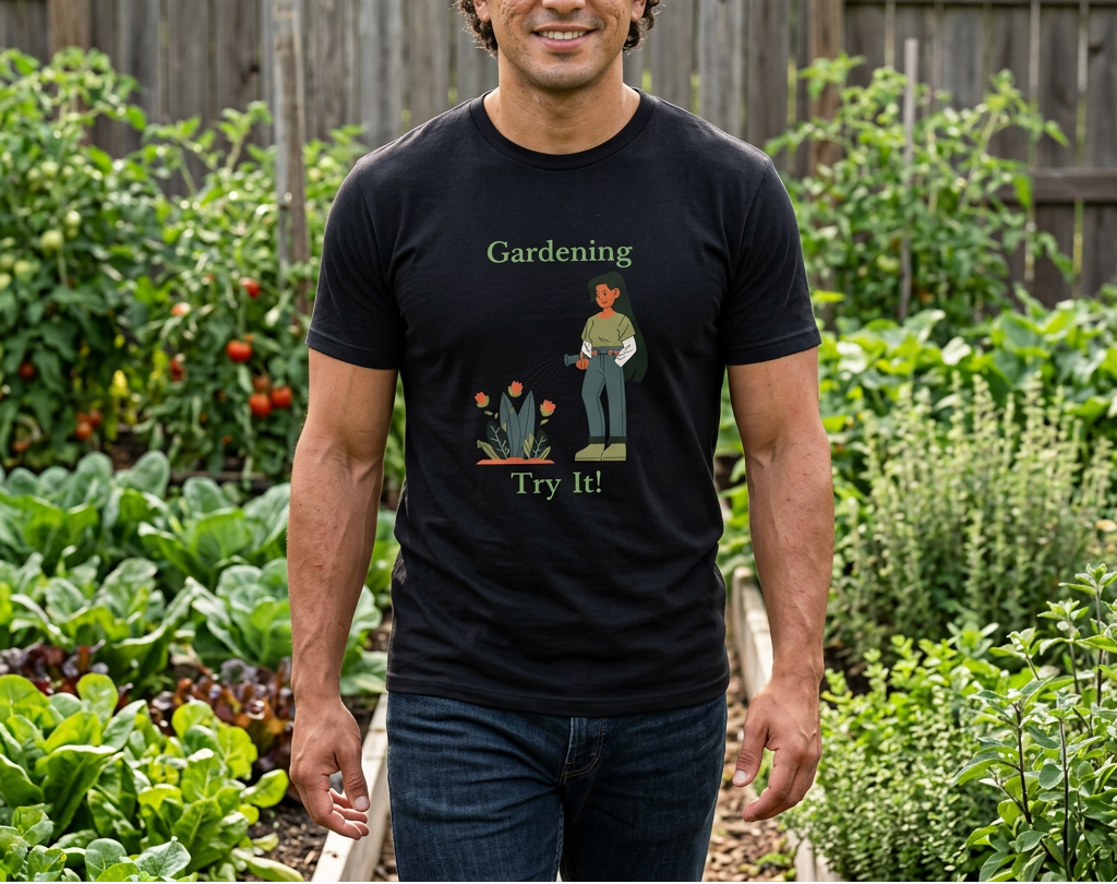 A man standing in a lush green garden wearing a black graphic t-shirt with a 'Gardening Try It!' design, paired with dark blue jeans.