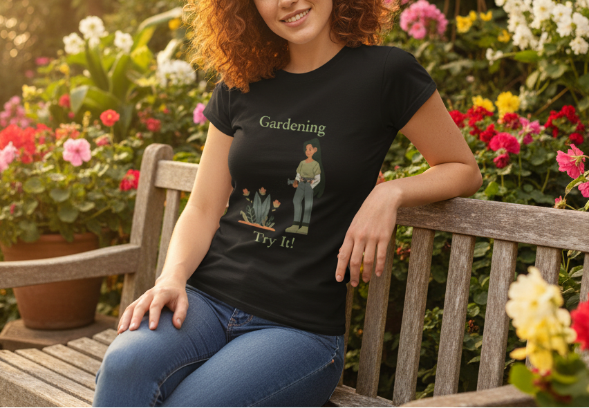 A woman lying on green grass next to a white and gray husky dog, wearing a black graphic t-shirt that reads 'Gardening Try, I!' with a small gardening illustration.