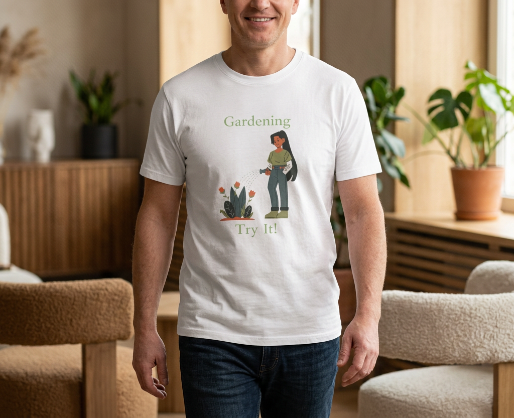 White crew-neck t-shirt with gardening graphic and “Try It!” slogan