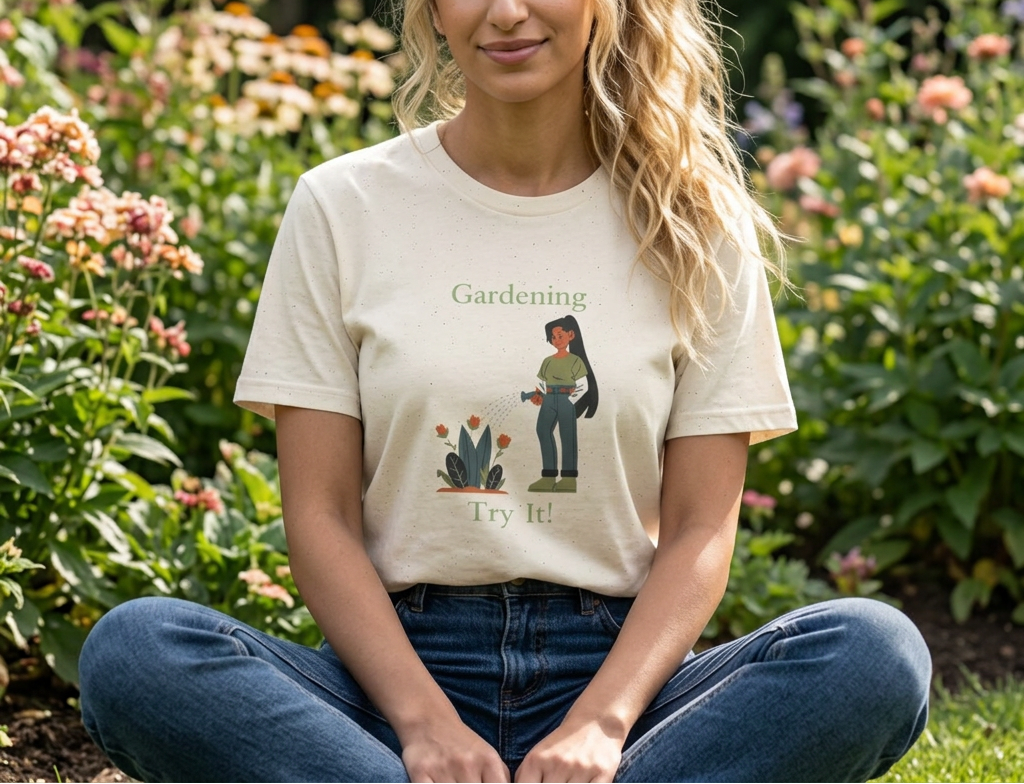 A woman sitting cross-legged in a garden wearing a cream-colored graphic t-shirt with a green and brown illustration of a gardener and the words 'Gardening Try It'.