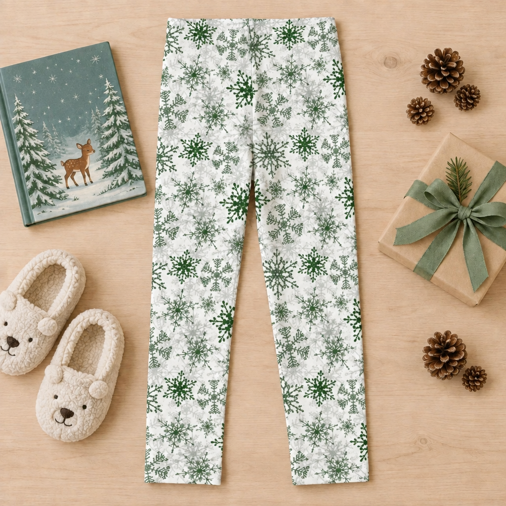Full-length Green Snowflake kids leggings flat lay with storybook, slippers and holiday gift