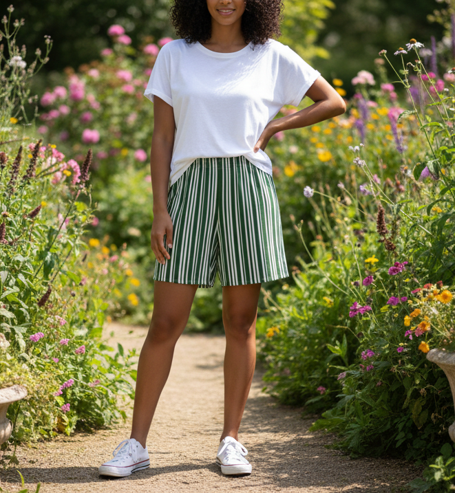 Woman standing in a garden with flowers and plants