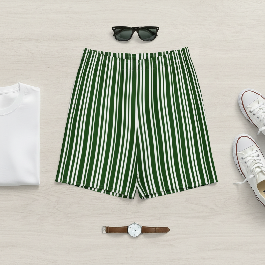 Green and white striped shorts with a white t-shirt, white sneakers, sunglasses, and a watch on a light gray background.