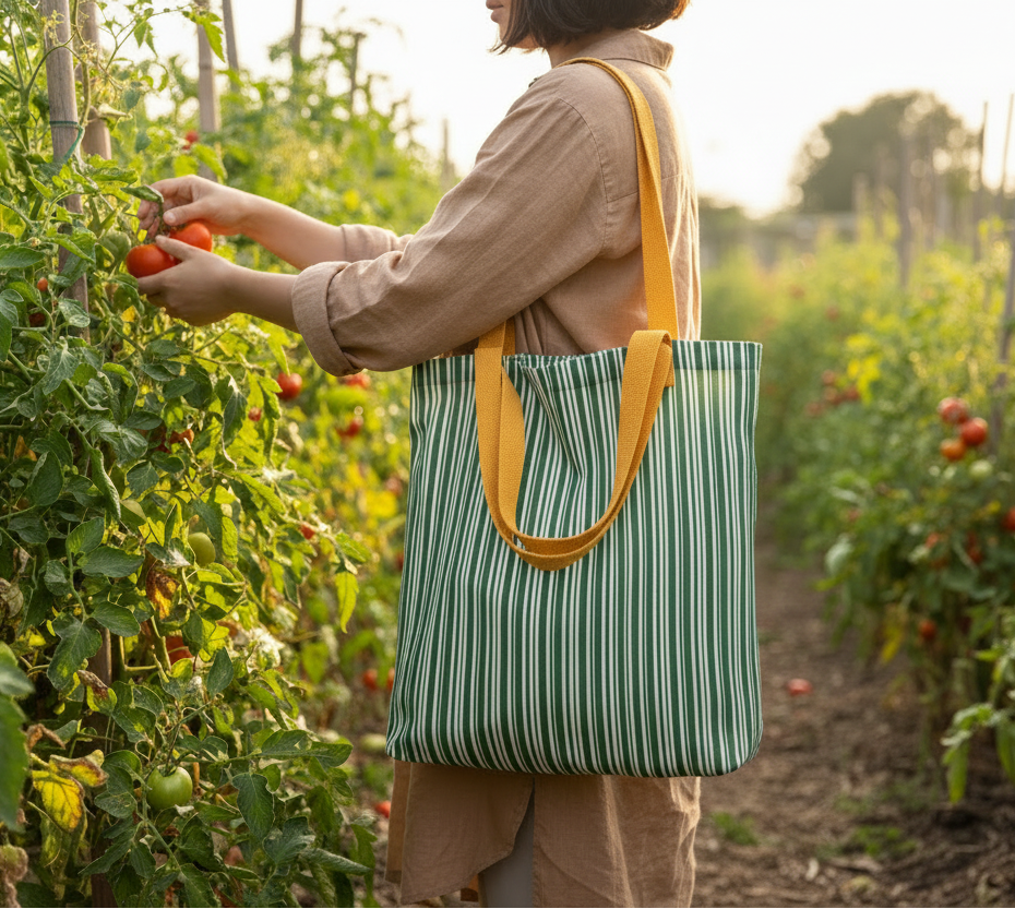 Person picking tomatoes in a garden with a green and yellow striped tote bag.