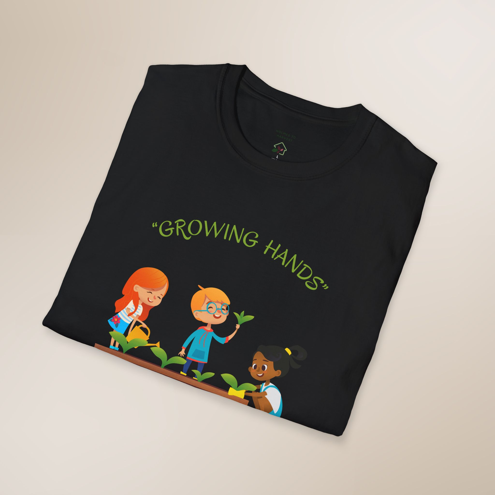Black t-shirt with 'Growing Hands' design featuring three children gardening on a beige background