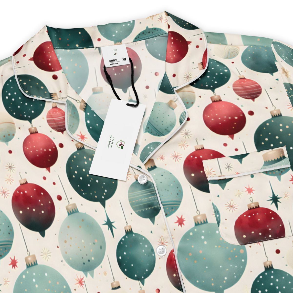 Women’s long-sleeve pajama top, white with green and red bauble pattern, collar and tag