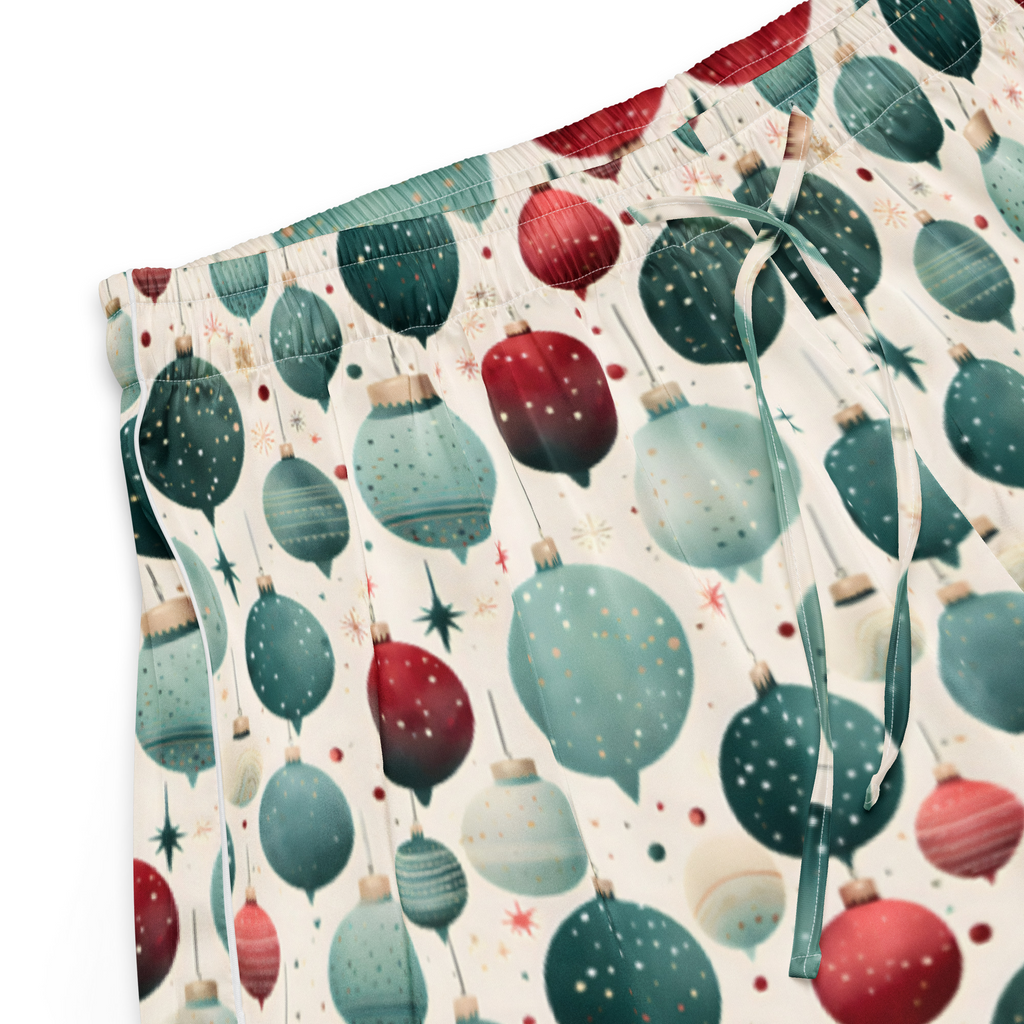 A close-up of a pair of shorts featuring a festive Christmas ornament print on a cream background. The pattern includes teal, dark green, and red ornaments with white stars and snow details, complete with a matching teal drawstring.