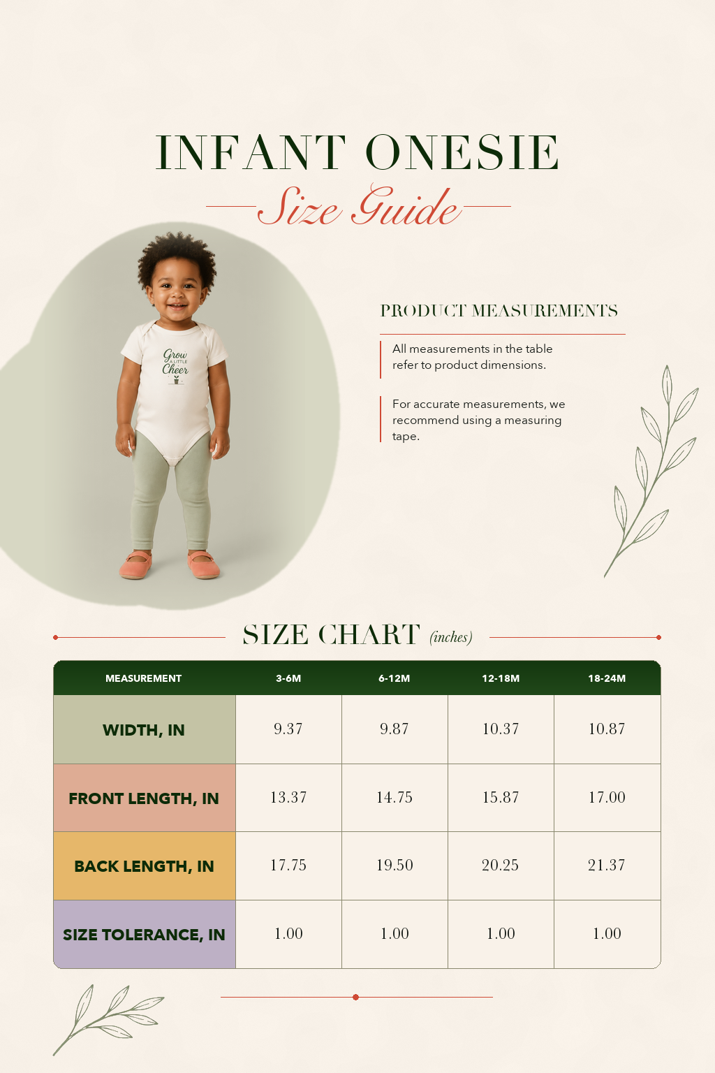 Infant onesie size chart poster with measurements table
