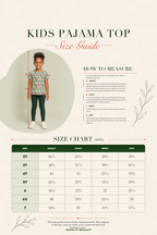 Kids pajama top size guide infographic with a child model wearing the shirt, step-by-step measurement instructions, and a size chart table listing sizes 2T through 7 with height, chest, waist, and hip measurements.