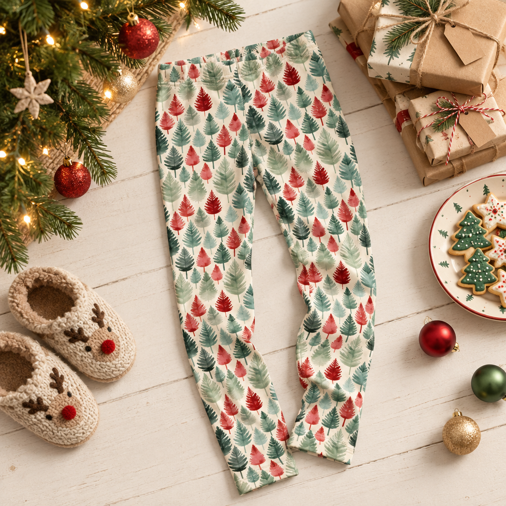Leafy Dreams kids leggings under a Christmas tree with gifts and cookies