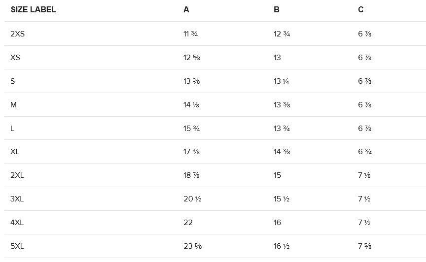 Measurement chart for clothing sizes with labels A, B, and C.
