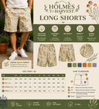 Leaf print shorts shown on model, off-white with brown foliage pattern