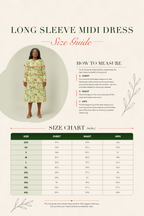 Long sleeve midi dress floral size guide chart with garment diagram